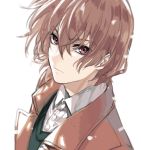 1boy absurdres akechi_gorou brown_coat brown_hair coat collared_shirt dress_shirt expressionless eyebrows_visible_through_hair eyes_visible_through_hair hair_between_eyes highres male_focus obo open_clothes open_coat persona persona_5 red_eyes shirt short_hair simple_background snow snowing solo sweater_vest vest white_background white_shirt 