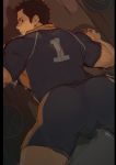  1boy absurdres alu379 ass ass_focus bara black_hair black_shorts brown_eyes bulge facial_hair from_behind haikyuu!! highres looking_at_viewer male_focus muscle outstretched_arms sawamura_daichi short_hair shorts sideburns solo sportswear spread_arms spread_legs stubble thick_thighs thighs 