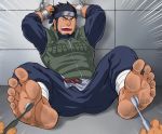  1boy 1other bandages bara barefoot beard black_hair blue_pants bound bound_wrists bulge cuffs dirty facial_hair feet foot_tickling forehead_protector full_body green_vest konohagakure_symbol male_focus muscle naruto_(series) pants pelvic_curtain sarutobi_asuma short_hair sleeves_rolled_up solo spread_legs tearing_up tetsu_(kurotetsu1379) toothbrush vest 