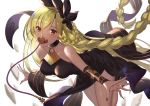  1girl akanebi bangs bare_shoulders black_dress black_nails blonde_hair braid breasts collarbone dark_skin dark_skinned_female dress eyebrows_visible_through_hair fingernails granblue_fantasy hair_ornament hair_ribbon helel_ben_shalem long_hair looking_at_viewer medium_breasts pacifier red_eyes ribbon sharp_fingernails sharp_toenails simple_background solo toenails very_long_hair white_background 