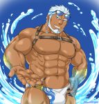  1boy abs aegir_(tokyo_houkago_summoners) anchor_earrings aqua_hair bara bare_chest beard biceps blue_eyes bulge chest chest_harness dark_skin dark_skinned_male earrings facial_hair fins hand_on_hip harness jewelry male_focus male_swimwear multicolored_hair muscle navel nipples short_hair single_earring smile solo streaked_hair swim_briefs swimwear tetsu_(kurotetsu1379) thick_thighs thighs tokyo_houkago_summoners upper_body water white_hair 