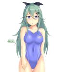  1girl :o alternate_breast_size arm_behind_back ass_visible_through_thighs black_bow black_ribbon blue_eyes blue_swimsuit bow breasts collarbone competition_swimsuit covered_navel cowboy_shot eyebrows green_hair hair_between_eyes hair_flaps hair_ornament hair_ribbon hairclip hand_on_own_leg kantai_collection large_breasts montemasa one-piece_swimsuit open_mouth ribbon solo swimsuit yamakaze_(kantai_collection) 