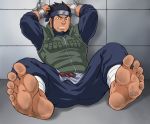  1boy bandages bara barefoot beard black_hair blue_pants bound bound_wrists bulge cuffs dirty facial_hair feet forehead_protector full_body green_vest konohagakure_symbol male_focus muscle naruto_(series) pants pelvic_curtain sarutobi_asuma short_hair sleeves_rolled_up solo spread_legs tetsu_(kurotetsu1379) vest 