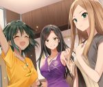  3girls bangs bare_shoulders black_hair blush breasts brown_hair brown_shirt cleavage closed_eyes collarbone green_eyes grin idolmaster idolmaster_cinderella_girls jewelry large_breasts long_hair looking_at_viewer matsuyama_kumiko mukai_takumi multiple_girls natalia_(idolmaster) necklace open_mouth parted_bangs purple_tank_top q-v_(levia) shirt short_hair short_sleeves smile sparkle tank_top yellow_shirt 