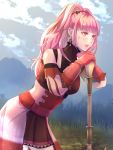  1girl :d arm_strap bangs black_skirt blunt_bangs breasts cloud cowboy_shot day eyebrows_visible_through_hair fire_emblem fire_emblem:_three_houses gloves hair_ornament hands_on_hilt highres hilda_valentine_goneril leaning_forward long_hair medium_breasts miniskirt open_mouth outdoors pink_eyes pink_hair pleated_skirt red_gloves riou_(pooh920) shiny shiny_hair skirt smile solo sweatdrop 
