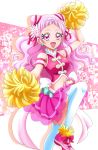  1girl :d back_bow bangs bare_shoulders blunt_bangs blush bow breasts clover_earrings commentary_request covered_nipples cowboy_shot crop_top cure_yell earrings floral_background flower hair_flower hair_ornament hair_ribbon hanzou heart heart_hair_ornament highres holding holding_pom_poms hugtto!_precure jewelry layered_skirt lipstick long_eyelashes long_hair looking_at_viewer magical_girl makeup medium_breasts midriff navel open_mouth pink_eyes pink_footwear pink_hair pink_shirt pink_skirt pom_poms precure red_ribbon ribbon shirt shoes sidelocks skirt sleeveless sleeveless_shirt smile solo standing standing_on_one_leg thighhighs two_side_up white_legwear zettai_ryouiki 