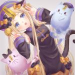  1girl abigail_williams_(fate/grand_order) animal_ears bangs black_bow black_dress blonde_hair blue_eyes blush bow breasts cat_ears cat_tail china_dress chinese_clothes dress fate/grand_order fate_(series) forehead ghost hair_bow hat jiangshi long_hair looking_at_viewer meguru_(dagmin) multiple_bows ofuda orange_bow parted_bangs qing_guanmao sidelocks small_breasts tail 