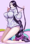  1girl bangs blush braid breasts dolphin_shorts fate/grand_order fate_(series) feet hand_in_hair hands_up hip_focus honjou_raita huge_breasts impossible_clothes impossible_sweater kneeling legs long_hair micro_shorts minamoto_no_raikou_(fate/grand_order) parted_bangs pink_shorts purple_eyes purple_hair purple_scrunchie revision ribbed_sweater scrunchie shorts smile soles solo sweater thighs turtleneck turtleneck_sweater very_long_hair white_sweater 