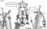  1girl alphthelad bangs blunt_bangs blush bow_(weapon) braid crossbow english_text genshin_impact greyscale hair_ornament highres looking_at_viewer maid monochrome noelle_(genshin_impact) short_hair simple_background smile solo sparkle speech_bubble sword weapon white_background 