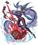  1girl absurdly_long_hair anklet aqua_eyes bodysuit book bracelet breasts crystal earrings eyebrows_visible_through_hair fins frown full_body jewelry ji_no large_breasts long_hair looking_at_viewer ningyo_hime_(sinoalice) official_art purple_hair sad shiny shiny_clothes sinoalice skin_tight smoke solo transparent_background very_long_hair water 