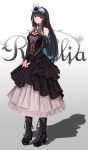  1girl bang_dream! bangs black_choker black_flower black_footwear black_hair black_ribbon black_rose black_skirt black_sleeves blue_eyes blue_flower blue_ribbon blue_rose boots breasts bridal_gauntlets choker cleavage closed_mouth collarbone detached_sleeves eyebrows_visible_through_hair flower full_body gothic_lolita gradient gradient_background grey_background grey_ribbon hair_flower hair_ornament hands_together high_heel_boots high_heels highres layered_skirt lolita_fashion long_hair long_skirt long_sleeves nail_polish red_nails ribbon ribbon_choker rose roselia_(bang_dream!) shiny shiny_hair shirokane_rinko skirt solo standing straight_hair very_long_hair white_background white_skirt yuzuriha 