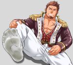  1boy abs ass_visible_through_thighs bara bare_chest blue_eyes brown_hair chest chest_scar dirty epaulettes facial_hair fate/grand_order fate_(series) feet fringe_trim goatee jacket leg_up long_sleeves male_focus muscle napoleon_bonaparte_(fate/grand_order) nipples open_clothes open_jacket open_shirt pants scar short_hair sideburns socks solo spread_legs tetsu_(kurotetsu1379) thick_thighs thighs unbuttoned white_legwear white_pants 