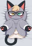  animal_crossing anthro bed blonde_hair blush bodily_fluids briefs bulge butt clothing domestic_cat duo eyewear felid feline felis fur furniture glasses grey_body grey_fur hair hands_behind_head heterochromia hi_res male mammal nintendo pawpads pururing raymond_(animal_crossing) spread_legs spreading sweat tighty_whities underwear video_games white_clothing white_underwear 