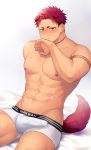  1boy abs animal_ears bara black_hair blush boxer_briefs boxers bruise bulge chest dog_boy dog_ears dog_tail erection erection_under_clothes hand_to_own_mouth haozz highres injury looking_at_viewer male_focus multicolored_hair muscle navel nipples original red_hair reo_(haozz) short_hair sitting solo sweatdrop tail thick_thighs thighs two-tone_hair undercut underwear underwear_only white_male_underwear 