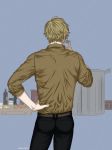  1boy ass back black_pants blonde_hair collared_shirt from_behind hand_on_hip highres male_focus one_piece pants pinattsu sanji shirt short_hair simple_background solo toned toned_male yellow_shirt 