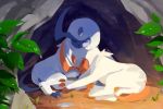  absol alternate_color cave chiyo_(ppp_808) claws closed_eyes closed_mouth commentary_request dirt gen_3_pokemon grass highres lying no_humans on_side pokemon pokemon_(creature) shiny_pokemon sleeping water_drop white_fur 