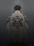  1boy ass back back_tattoo black_hair completely_nude eleven_supernova from_behind highres looking_down male_focus nude one_piece pinattsu short_hair shoulder_tattoo showering simple_background solo tattoo toned toned_male trafalgar_law wet 