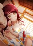  2girls absurdres blush breasts cleavage collarbone commentary female_pov floral_print futon highres indoors japanese_clothes kimono kougi_hiroshi long_hair looking_at_viewer love_live! love_live!_sunshine!! medium_breasts multiple_girls nail_polish obi pillow pinky_swear pov red_hair sakurauchi_riko sash sliding_doors smile solo_focus sunlight takami_chika yellow_eyes yuri 