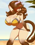  anthro beach big_breasts bikini bovid bovine breasts brown_body brown_fur brown_hair cattle cleavage clothed clothing cynnamon female fluffy fluffy_hair fur hair hair_over_eye hi_res highlights_(coloring) horn huge_breasts lipstick looking_at_viewer makeup mammal one_eye_obstructed ooo-belise-ooo red_eyes red_hair seaside seductive seductive_smile solo standing striptease swimwear tail_tuft tan_body tuft wide_hips 