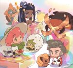  beige_headwear black_eyes centiskorch chibi commentary dark_skin dark_skinned_female drednaw eldegoss food freckles gen_1_pokemon gen_3_pokemon gen_8_pokemon green_eyes gym_leader hair_bun hat jewelry kabu_(pokemon) long_hair mikripkm milo_(pokemon) multicolored_hair necklace nessa_(pokemon) onigiri pelipper pink_hair pokemon pokemon_(creature) pokemon_(game) pokemon_swsh red_legwear shirt shoes short_sleeves shorts sitting socks sun_hat two-tone_hair vulpix water_drop wooloo 