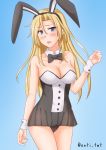  1girl alternate_costume animal_ears anti_(untea9) bare_shoulders black_neckwear blonde_hair blue_background blue_eyes blush bow bowtie breasts bunny_ears bunny_girl cleavage cowboy_shot detached_collar fake_animal_ears gradient gradient_background hair_between_eyes highres hornet_(kantai_collection) kantai_collection large_breasts long_hair looking_at_viewer open_mouth playboy_bunny simple_background solo twitter_username wrist_cuffs 