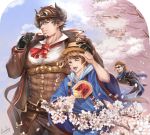  3boys anjingkuxiao bara barawa beard black_gloves brown_hair character_request cherry_blossoms chest cigar collared_shirt cowboy_shot draph eugen_(granblue_fantasy) eyepatch facial_hair gloves goatee granblue_fantasy hat highres male_focus multiple_boys muscle one_eye_closed shirt short_hair white_shirt 