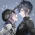  2boys ahoge bangs baseball_cap black_hair black_headwear black_jacket checkered checkered_background checkered_neckwear checkered_scarf commentary_request danganronpa hat jacket looking_at_another male_focus medium_hair multiple_boys new_danganronpa_v3 ouma_kokichi purple_background purple_eyes purple_hair saihara_shuuichi scarf short_hair straitjacket striped_jacket sweatdrop u_u_ki_u_u upper_body upper_teeth white_jacket 