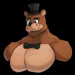  1:1 anthro big_muscles bow_tie brown_body brown_fur bust_portrait clothing facial_hair five_nights_at_freddy&#039;s freddy_(fnaf) fur hairy_face hat headgear headwear hi_res male mammal muscular muscular_anthro muscular_male portrait rethxus simple_background solo stubble ursid video_games 