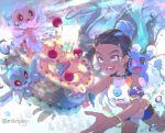  1girl armlet artist_name belly_chain bike_shorts black_hair blue_eyes blue_eyeshadow blue_hair blue_nails blush brionne commentary_request dark_skin dark_skinned_female earrings eyelashes eyeshadow frillish frillish_(female) frillish_(male) gen_3_pokemon gen_5_pokemon gen_7_pokemon gym_leader hair_bun hoop_earrings jewelry korean_commentary long_hair luvdisc makeup mikripkm multicolored_hair nail_polish necklace nessa_(pokemon) open_mouth pokemon pokemon_(creature) pokemon_(game) pokemon_swsh smile sparkle teeth tongue two-tone_hair water_drop watermark 