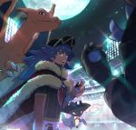  2boys artist_name baseball_cap black_headwear cape champion_uniform charizard commentary_request dark_skin dark_skinned_male drakloak fur-trimmed_cape fur_trim gen_1_pokemon gen_8_pokemon hat holding holding_poke_ball korean_commentary leon_(pokemon) light long_hair looking_to_the_side male_focus mikripkm moon multiple_boys open_mouth poke_ball pokemon pokemon_(creature) pokemon_(game) pokemon_swsh raihan_(pokemon) red_cape shirt short_sleeves shorts sky stadium star_(sky) teeth ultra_ball watermark 