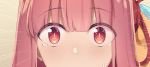  1girl bangs blush brown_background close-up emphasis_lines eyebrows_visible_through_hair face hair_between_eyes highres kotonoha_akane looking_at_viewer nose_blush parutoneru pink_hair red_eyes simple_background solo sweat tears voiceroid 