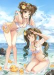  2girls arm_up bare_shoulders beach bikini breasts brown_eyes brown_hair cherry cleavage cloud criss-cross_halter day double_bun drill_hair food frilled_bikini frills fruit hair_ornament halterneck highres leaning_forward lemon lemon_slice long_hair looking_at_viewer medium_breasts multiple_girls munape navel ocean one_eye_closed open_mouth original outdoors rubber_duck sidelocks smile standing stomach swimsuit thighs twin_drills twintails water white_bikini 