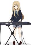  1girl :d absurdres blonde_hair blue_eyes blue_jacket blue_ribbon blue_skirt brown_footwear buttons chamu_(chammkue) collared_shirt eyebrows_behind_hair highres instrument jacket k-on! keyboard_(instrument) kneehighs korg korg_triton kotobuki_tsumugi legs_apart loafers long_hair long_sleeves miniskirt music neck_ribbon open_mouth playing_instrument pleated_skirt ribbon sakuragaoka_high_school_uniform school_uniform shirt shoes simple_background skirt smile solo standing thick_eyebrows twitter_username white_background white_legwear white_shirt 