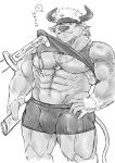  1boy 1other ? abs animal_ears armpit_hair bara bare_arms bare_shoulders boxers bulge chest chest_hair cow_boy cow_ears cow_horns facial_hair feet_out_of_frame furry goatee greyscale gumiten hand_on_hip highres horns lifted_by_another male_focus mint monochrome muscle navel newspaper shennong_(tokyo_afterschool_summoners) shirt_lift short_hair sideburns spoken_question_mark sword thick_thighs thighs tokyo_houkago_summoners underwear weapon white_hair wooden_sword 