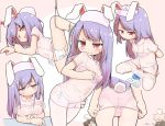  2girls animal_ears arms_behind_back ass bandaid bandaids_on_nipples blush bra breasts brown_hair bunny_ears bunny_tail commentary_request dress ear_grab hand_on_own_chest hat highres inaba_tewi leg_up legs long_hair lying mask mask_on_groin mouth_mask multiple_girls multiple_views navel nurse nurse_cap on_side one_eye_closed open_mouth panties panty_pull pasties pink_background pink_dress pink_headwear purple_eyes purple_hair reisen_udongein_inaba see-through short_dress short_hair side-tie_panties simple_background spread_legs squatting tail thighs touhou turnip_kabura underwear 