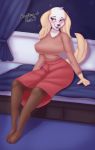  &lt;3 2020 absurd_res aggressive_retsuko anthro bedroom_eyes big_breasts blush breasts canid canine canis clothed clothing dialogue domestic_dog english_text female hi_res inui_(aggressive_retsuko) legwear mammal narrowed_eyes nexcoyotlgt nipple_outline open_mouth open_smile sanrio seductive sitting smile solo text 