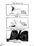  2017 adulting ambiguous_gender black_and_white black_mask border comic coon_(simkaye) disembodied_hand english_text facial_markings feral frown head_markings lying mammal markings mask_(marking) meme monochrome nope on_back procyonid raccoon raccoon_comic_(simkaye) signature simkaye simple_background solo striped_tail stripes struggling text webcomic whiskers white_background white_border wide_eyed 