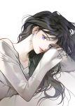  1girl artist_name black_hair blue_eyes earrings jewelry long_hair long_sleeves looking_at_viewer lying on_side simple_background solo sukja white_background 