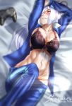  1girl armpits arms_up black_bra blue_jacket blue_pants blush bra breasts cleavage collarbone commentary_request dutch_angle fate/grand_order fate_(series) hair_over_one_eye hair_ribbon highres jacket large_breasts lingerie long_hair looking_at_viewer lowleg lowleg_panties lying muscle navel on_back on_bed open_clothes open_jacket panties pants pink_panties pixiv_id playstation_controller ponytail red_eyes red_ribbon ribbon ryougi_ayato signature silver_hair solo sunlight tomoe_gozen_(fate/grand_order) track_jacket track_pants underwear 