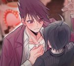  2boys ahoge bangs black_hair black_jacket blurry blurry_background blurry_foreground blush collarbone commentary_request danganronpa depth_of_field facial_hair goatee grey_shirt hand_on_own_chest hand_up highres jacket jacket_on_shoulders kimbok looking_at_another male_focus momota_kaito multiple_boys new_danganronpa_v3 open_clothes pink_eyes purple_hair saihara_shuuichi shirt short_hair spiked_hair striped_jacket sweatdrop wall_slam white_shirt yaoi 