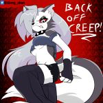  1:1 angry anthro bdsm bottomwear breasts canid canine canis clothing domination fangs female female_domination helluva_boss hotpants legwear looking_down loona_(vivzmind) mammal perspective red_eyes shorts simple_background solo thigh_highs under_boob wolf xiongshan 