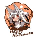  1girl :&lt; animal animal_ear_fluff animal_ears bangs barefoot bat chibi dress ears_through_headwear eyebrows_visible_through_hair fang fox_ears fox_girl fox_tail hair_between_eyes hair_rings halloween happy_halloween highres long_hair long_sleeves looking_at_viewer original parted_lips red_eyes silver_hair solo tail translation_request triangle_mouth very_long_hair white_background white_dress wide_sleeves yuuji_(yukimimi) 