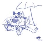  1:1 aleks_howes anthro ball beach_ball beastars blue_and_white canid canine canis clothing coyote cuddling duo durham_(beastars) hi_res hyaenid male mammal miguno_(beastars) monochrome pawpads spotted_hyena swimming_trunks swimwear tailwag 