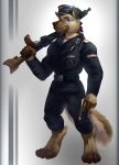  2018 anthro belt black_nose blue_eyes canid canine canis clothing cross domestic_dog eyebrows fluffy fluffy_tail german_shepherd gradient_background grin gun handgun hat headgear headwear herding_dog hi_res iron_cross light_machine_gun looking_at_viewer male mammal medal military military_cap military_clothing military_pants nazi necktie pastoral_dog pimpartist pistol ranged_weapon simple_background smile solo standing teeth traditional_media_(artwork) weapon white_background world_war_2 