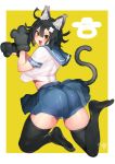  1girl animal_ears artist_name ass bangs black_hair black_legwear black_skirt blush breasts cat_ears cat_tail crop_top curvy excited eyebrows fake_animal_ears feet from_behind gloves hair_between_eyes hand_up huge_ass kawakami_masaki looking_at_viewer looking_back medium_breasts medium_hair no_panties open_mouth original paw_gloves paws red_eyes school_uniform serafuku shiny shiny_skin short_sleeves sidelocks signature simple_background skirt smile solo tail thick_thighs thighhighs thighs 