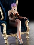  1girl 3d absurdres ayane_(doa) bare_legs bare_shoulders black_sleeves chair dead_or_alive detached_sleeves high_heels highres long_sleeves looking_at_viewer no_bra nude purple_hair red_eyes see-through short_hair solo strap_slip vlad 