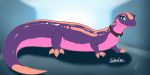  2020 2:1 3_toes amphibian blue_eyes blue_sclera collar collar_only dark_collar female feral hi_res jewelry orange_body orange_skin pink_body pink_skin purple_body purple_skin salamander_(amphibian) shalzi_(shikaro) shikaro solo thick_tail toes 