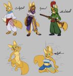  2016 anthro arabian arabic_text bedroom_eyes breasts canid canine clothed clothing female fennec fox fully_clothed fur genitals grey_background group gun hi_res holding_gun holding_object holding_weapon kneeling lying male mammal midriff narrowed_eyes nipples nude on_back pussy ranged_weapon seductive simple_background siroc standing tan_body tan_fur text weapon 