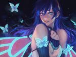  1girl black_background blue_butterfly blue_eyes blue_hair bug butterfly clenched_hand faithom fire_emblem fire_emblem_heroes glowing glowing_eye insect looking_at_viewer lucina_(fire_emblem) parted_lips realistic 