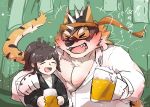  absurd_res alcohol anthro beer beverage clothing dress_shirt drunk duo felid female female_operator hi_res human live-a-hero male mammal mask necktie pantherine pecs protagonist_(live-a-hero) raferafe raiki shirt substance_intoxication suit tiger topwear 